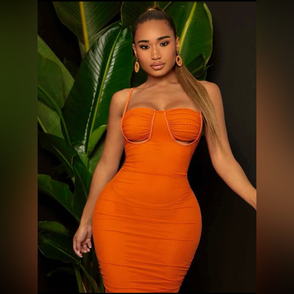 Orange ruched bust bodycon cami dress